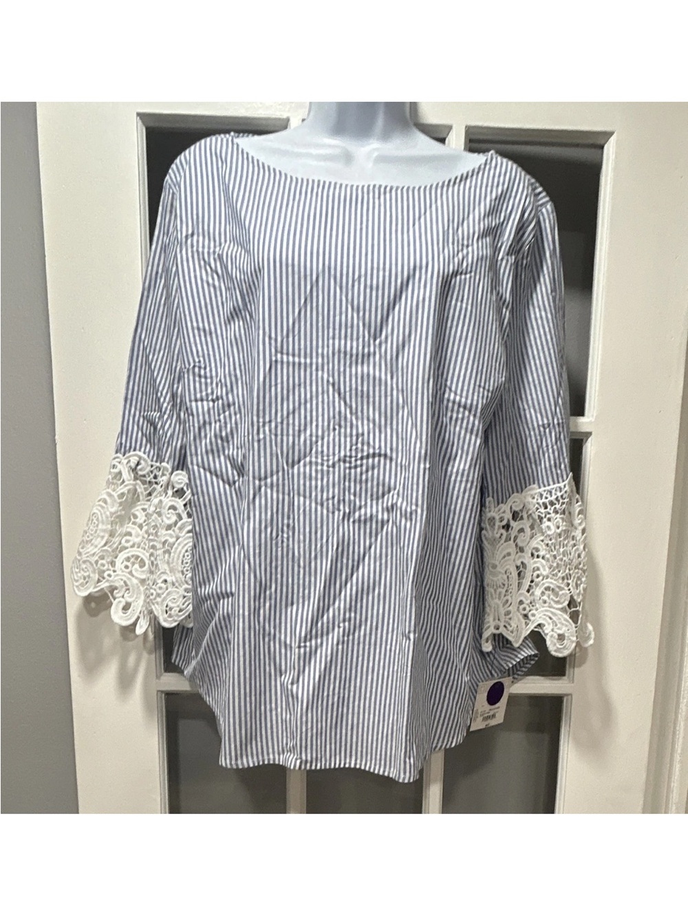 Liz Claiborne Blue & White Striped Blouse with Lace Cuffs